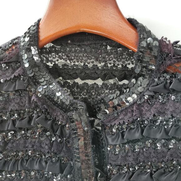 VTG Harry Acton Evening Jacket Womens 8 Black Sequin Lace Satin Ruffles Party - Picture 4 of 16